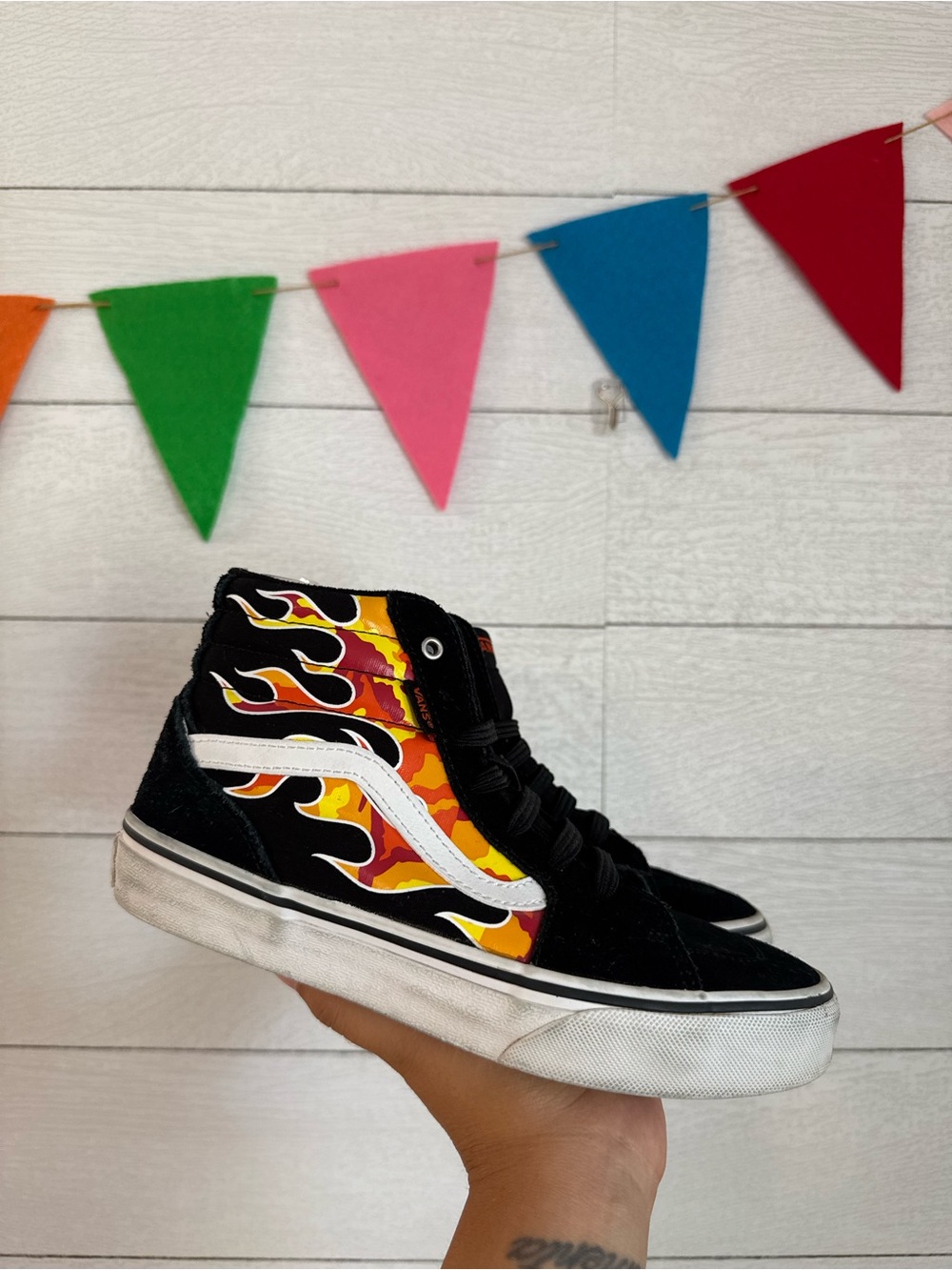 Vans Kids Black High-Top Sneakers with Orange & Yellow Flame Graphic
